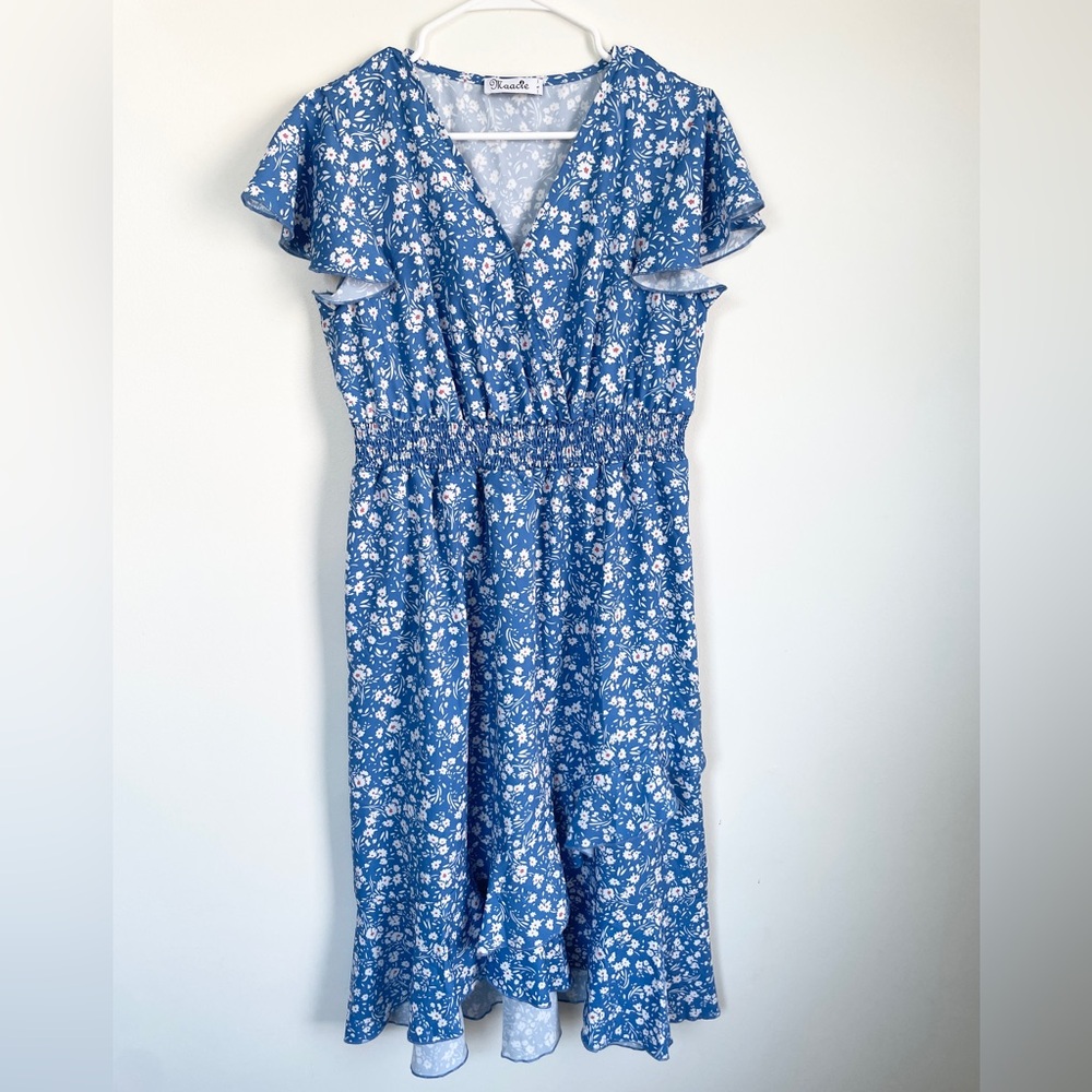 Floral Blue Ruffle Sleeve Dress